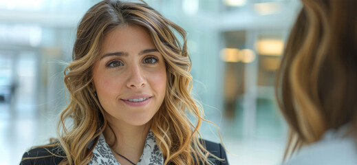 Aufkleber - A female executive coach talking with a client, inspired, bright modern environment. Generative AI.