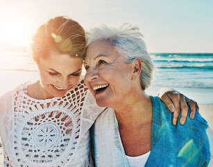 Poster - Senior mother, daughter and bonding hug on beach, family and travel vacation or holiday together for relax break. Summer, happy and woman for relationship love or support, Florida ocean and nature