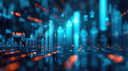 Poster - A stock market graph with blue arrows pointing upwards, indicating an upward trend in the financial backdrop. emphasize the focus on visual elements of growth and success in business or finance.