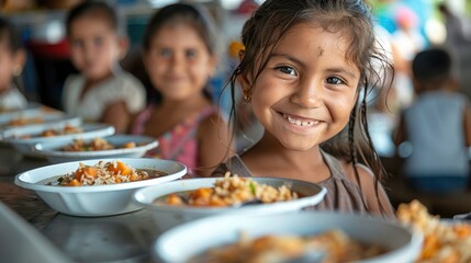 Sticker - Happy Mexican kids eating in a clean soup kitchen. Generative AI.