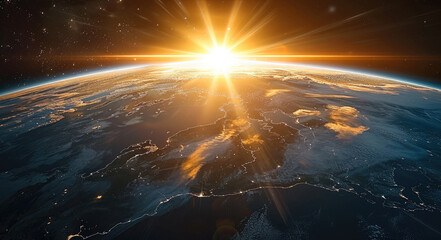 Poster - The Earth terminator line during dawn, casting a gentle glow over its surface against the dark expanse of space. Generative AI.