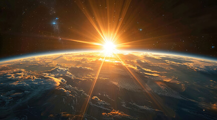 Poster - The Earth terminator line during dawn, casting a gentle glow over its surface against the dark expanse of space. Generative AI.