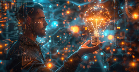 Wall Mural - Businessman holding a luminous light bulb, surrounded by a captivating, futuristic network of holographic data visualization and interconnected digital interfaces, digital illustration. Generative AI.