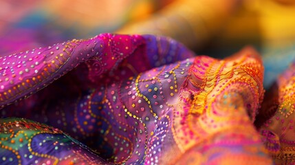 Poster - Close-up of bandhani fabric with intricate patterns and vivid colors, showcasing skilled craftsmanship.