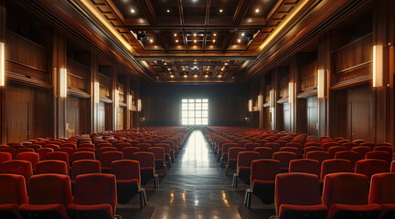 Aufkleber - A very large conference room with dark wooden walls and red seats. Generative AI.
