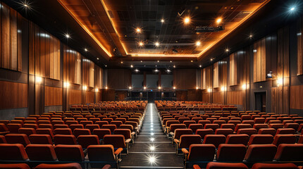 Aufkleber - A very large conference room with dark wooden walls and red seats. Generative AI.