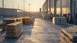 © JR-50 - A spacious industrial lumberyard with stacks of wooden planks and beams at sunrise, highlighting the logistics and construction material storage.
