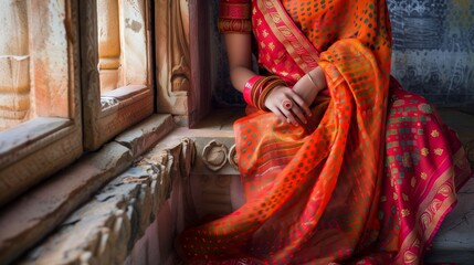 Poster - A traditional Bandhani saree drapes elegantly, showcasing intricate patterns, vibrant colors, and rich heritage.