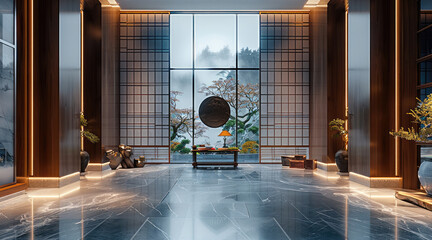Poster - The entrance is presented in an elegant Chinese style entryway with dark wood and blue glass walls in a white grid pattern. A decorative cabinet, with the back wall completely covered in light brown.