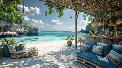 Poster - An outdoor beach bar with a wooden structure, blue sofas and white sand, tropical plants on the floor and a view to a beautiful sea and rocks. Generative AI.