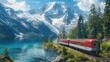 © visoot - A red and white train is driving through the mountain, surrounded by green forests with clear blue water in front of it. The background features snow-capped peaks under bright sunshine. Generative AI.