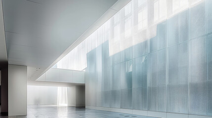 Wall Mural - A white building with vertical metal mesh on the wall, in a minimalist style with large space. In front of it is an art installation in light gray color. Generative AI.