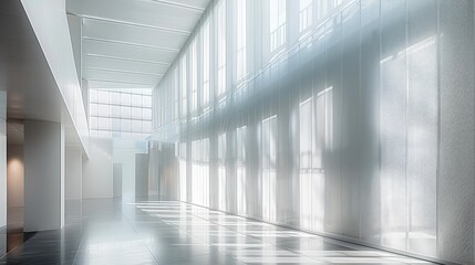 Wall Mural - A white building with vertical metal mesh on the wall, in a minimalist style with large space. In front of it is an art installation in light gray color. Generative AI.