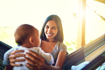 Sticker - Woman, baby and happy with love, care and smile for growth, development or health together in backyard. Mother, bonding and newborn child for playing with trust or support for wellness and progress