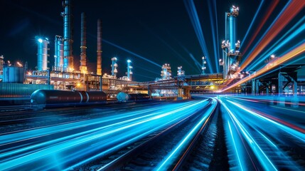 Wall Mural - Light trails flow around a towering structure illuminated in blue light, creating a futuristic and energetic scene.