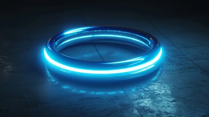 in a dark, ethereal space, a luminous ring reflects blue lights and intricate details.