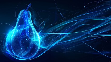 Wall Mural - Against a dark blue background, luminous light trails emitted from a blue pear create an ethereal, magical appearance.