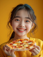 Happy asian girl eating pizza, smiling, facing camera, pizza in hand, happy woman looking down and eating pizza slice, yellow background