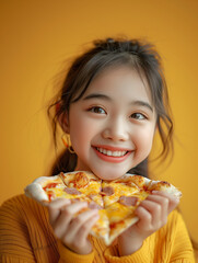 Happy asian girl eating pizza, smiling, facing camera, pizza in hand, happy woman looking down and eating pizza slice, yellow background