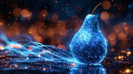 Poster - A brilliant blue pear surrounded by swirling light trails, creating an ethereal atmosphere.