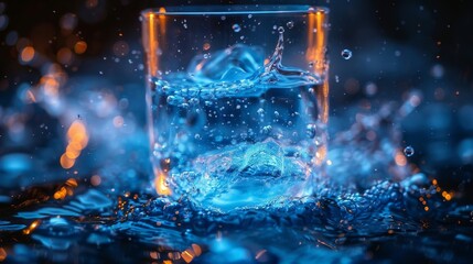 The dark background is framed by swirls and sparkles of ethereal blue around a glass cup filled with water.