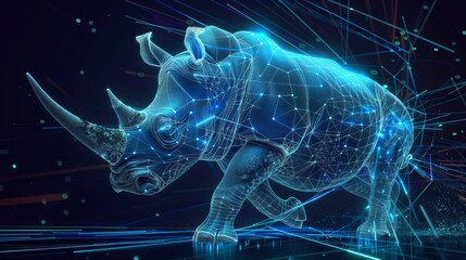 Wall Mural - An electric neon-blue rhino with a wireframe design stomps forward, leaving a trail of light in a dark environment.