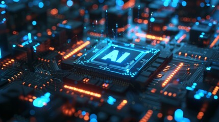 A glowing microchip is mounted on a circuit board, with electric currents and lights illuminating the scene.