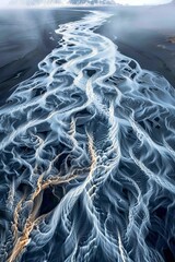 Wall Mural - Aerial top down view of Iceland Glacial River, blue water on black sand beach, Rank 1 in National Geographic, a highly detailed, cinematic, epic, golden ratio composition, dramatic colorful images, ci