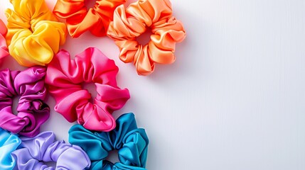 Colorful silk hair scrunchies on white background. Concept of fashion accessories, beauty products, hairstyle tools. Copy space