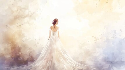 Bride with her back turned in an elegant white dress with a long train on a watercolor background. Concepts of wedding, romantic bridal fashion, artistic illustration. Copy space