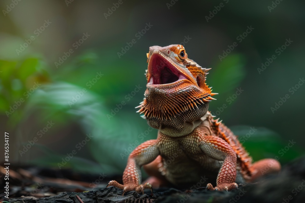 Full body view of Bearded Dragon mouth open, ready to attack prey, in ...