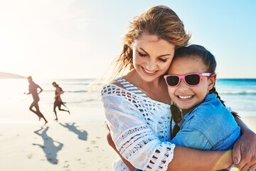 Sticker - Beach, mother and girl in portrait with hug, connection and bonding together outdoors with smile. Happy people, mom and daughter with embrace on vacation, holiday and love by ocean in California