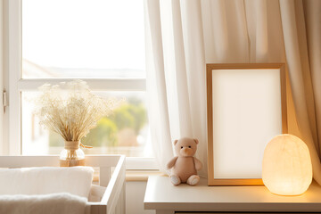 Soft sunlight through the sheer curtain with a cute teddy bear and flowers in a vase on the bedside table and a blank frame for your text