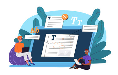 Poster - Online text editing. Men in glasses with laptops read article at webpage. Editors and copywriters. Freelancers work on internet. Online earnings. Flat vector illustration isolated on white background