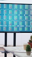 Poster - Vertical video Stock exchange indices on screen in empty financial department office used for forecasting and analysis purposes. Company workspace with nobody in and business figures on display