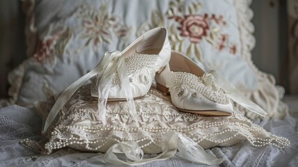 Wall Mural - A pair of white wedding shoes with a decorated ribbon lies on a white pillow. Concept of elegance and sophistication
