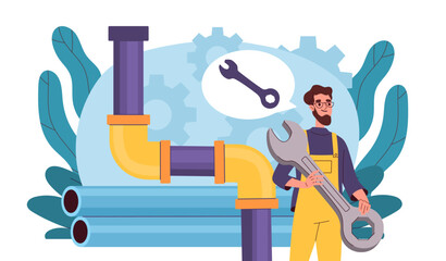 Pipe repair concept. Man in uniform with wrench near plumbing pipes. Plumber with equipment fix problems in bathroom. Repairman with pipeline. Flat vector illustration isolated on white background