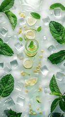 Wall Mural - refreshing summer drink with lime, mint leaves, ice cubes, and corn kernels on a frosty surface.