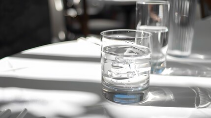 Glass of pure water with light reflection and shadow on white table of restaurant. 