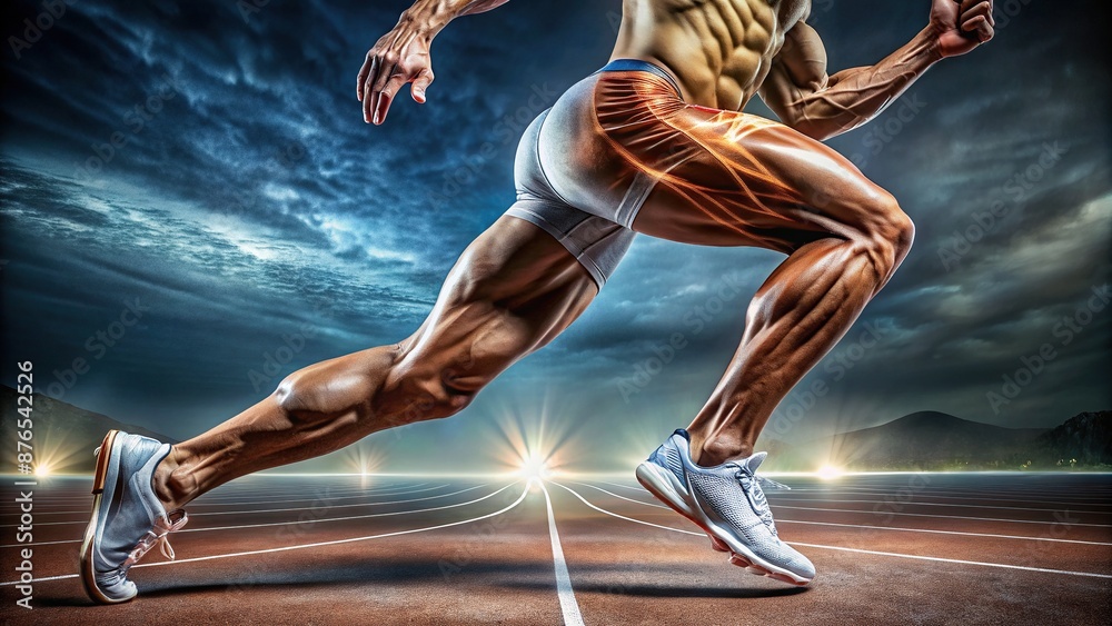 Close-up of a sprinter's muscular legs in motion, capturing the ...