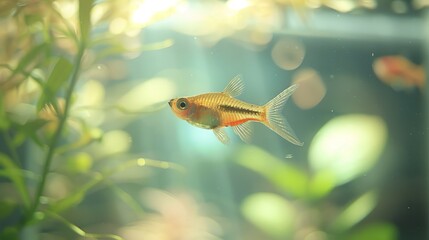 Wall Mural - Tiny, adorable fish with unique bumps swim gracefully within the transparent confines of a glass aquarium.