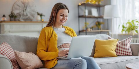 Pregnant woman using her laptop computer at home, browsing or chatting with friends online, online shopping for her baby.