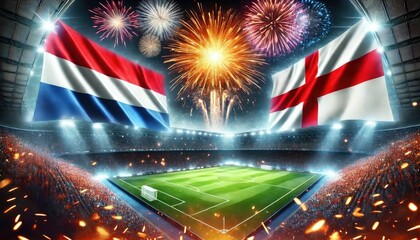 Wall Mural - Netherlands vs England football match, Dutch flag, English flag, stadium, Euro 2024, UEFA European Football Championship 2024, 1/2 finals, semifinal