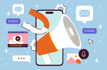 Poster - social media concept. magnet and loudspeaker on smartphone screen. promotion on social networks and 