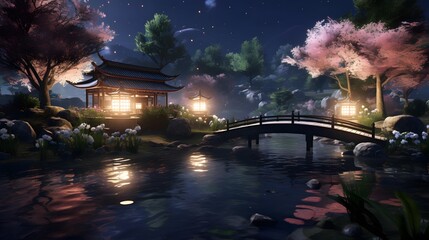 Wall Mural - Night view of a Japanese temple in the garden. Panorama.