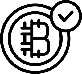 Poster - Minimalist icon of a bitcoin cryptocurrency with a check symbol on it, representing a successful transaction or verification