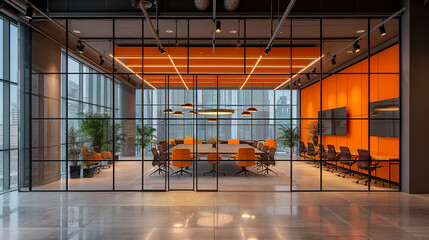 Poster - Modern meeting room with orange accents and city view
