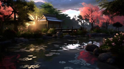 Wall Mural - Beautiful Japanese garden in the evening. Panoramic image.