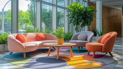 Poster - Modern office lobby interior design with comfortable seating and large windows