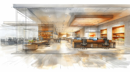 Poster - Modern open space office interior design in watercolor rendering